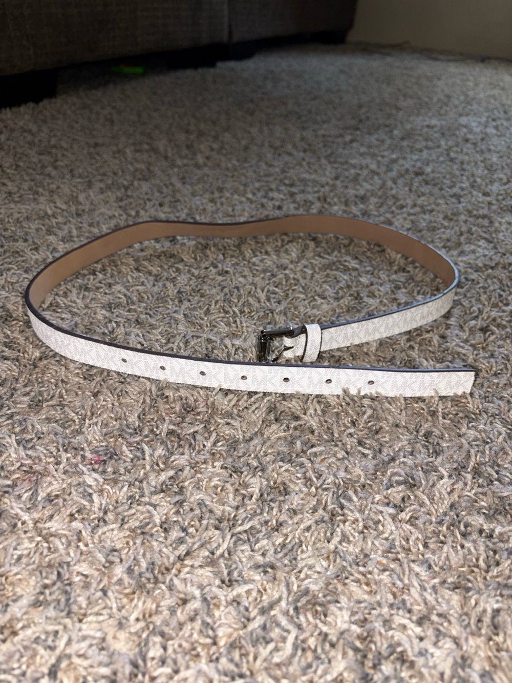 Michael Kors Slim White Textured Leather Belt with Silver Buckle